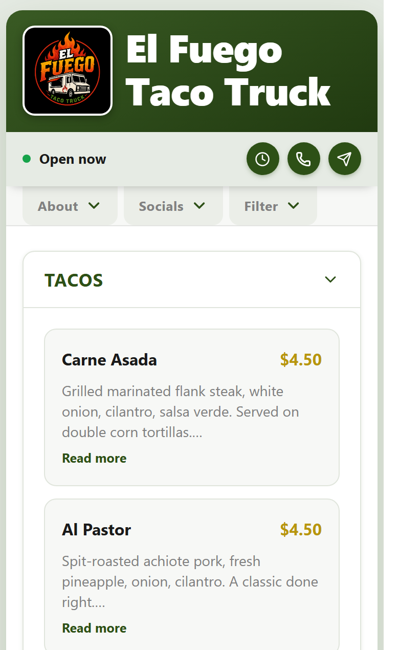 El Fuego Taco Truck's real, live menu page